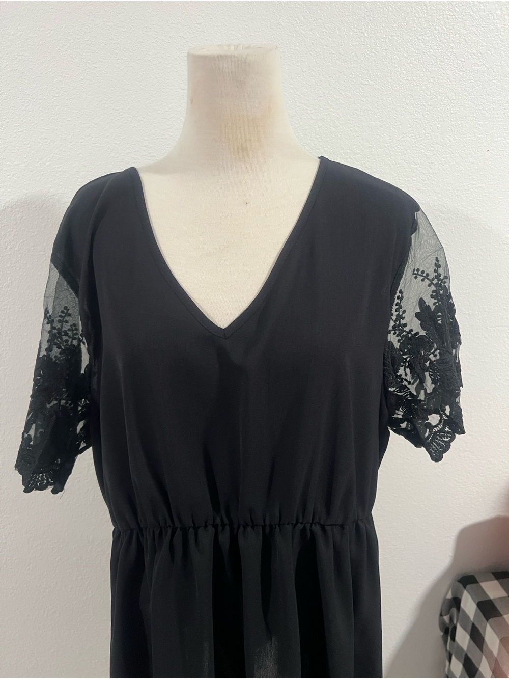 SHEIN Black Midi Dress with Lace Short Sleeves